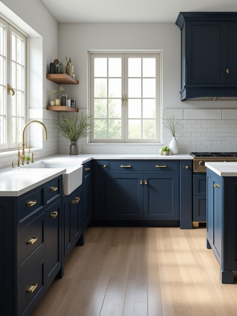 Classic elegant kitchen with deep navy blue shaker cabinets, white quartz counters, and brass hardware.