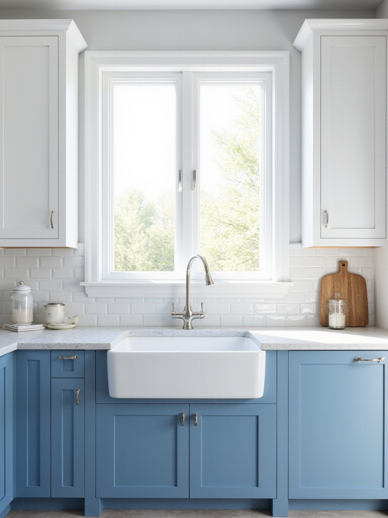 Modern kitchen with blue lower cabinets and white upper cabinets, showcasing the grounding effect.