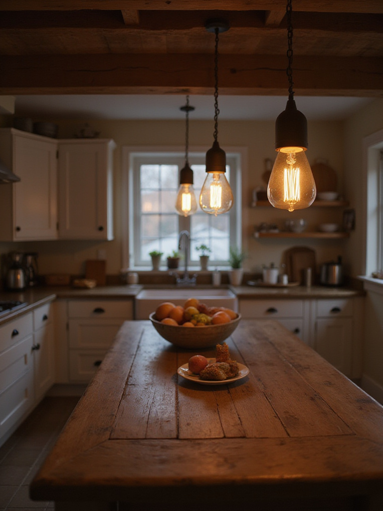 Warm pendant lights hanging over a wooden island in a cozy cottage kitchen.