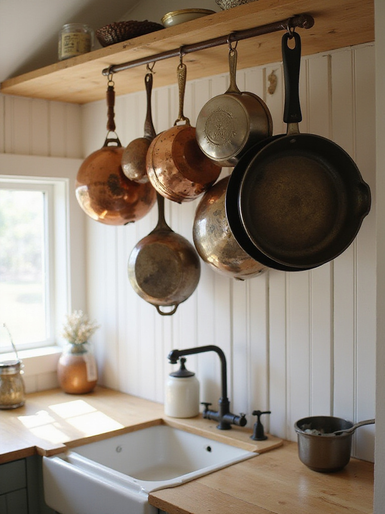 Hanging pots and pans displayed on a rack in a cozy cottage kitchen.