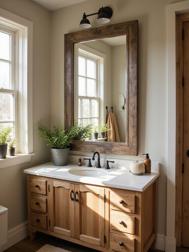 Cozy farmhouse bathroom with large vintage wood framed mirror above rustic vanity