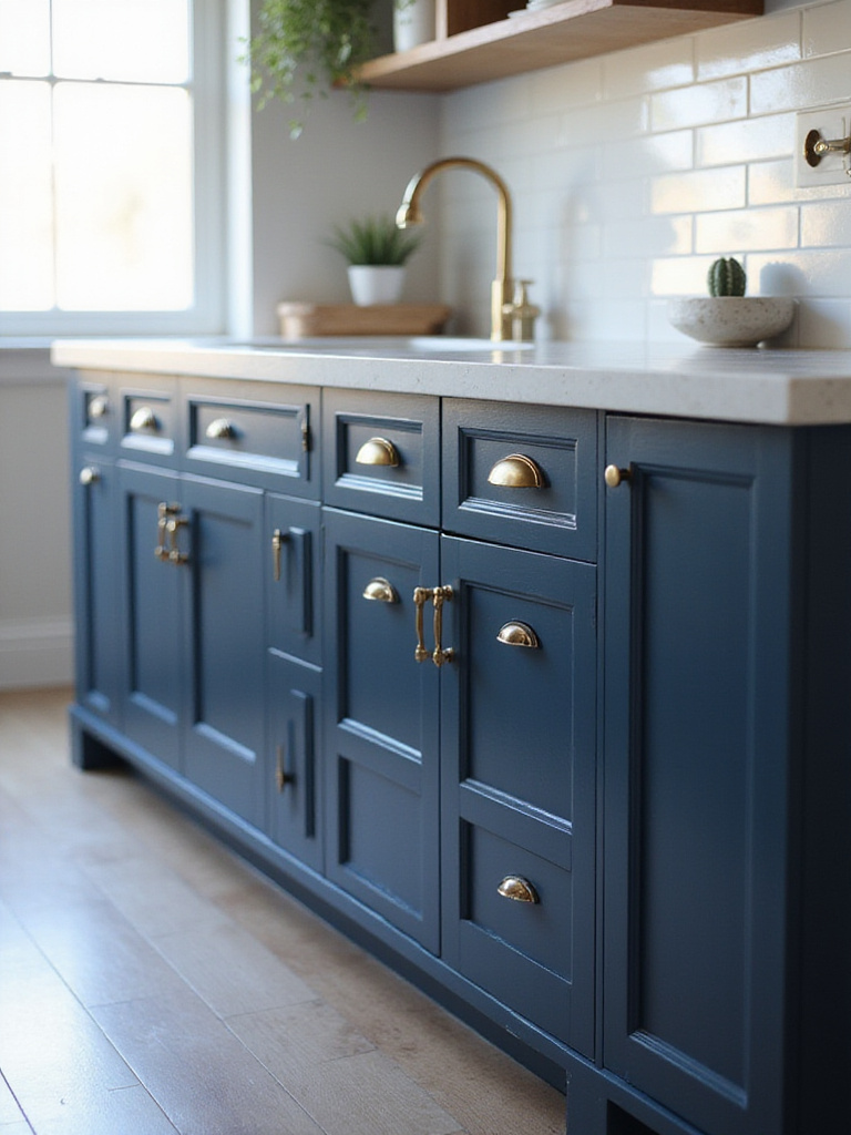 Deep navy blue kitchen cabinets with brushed brass hardware.