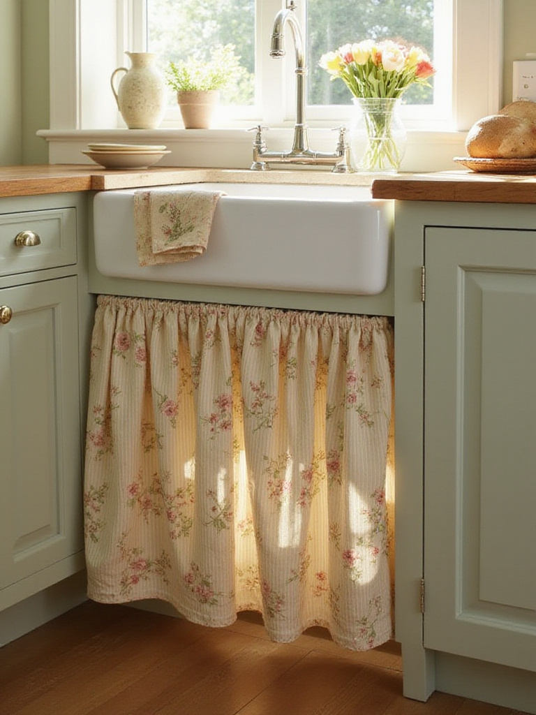Charming fabric sink skirt in a cottage kitchen, hiding under-sink storage and pipes. Cozy home decor.