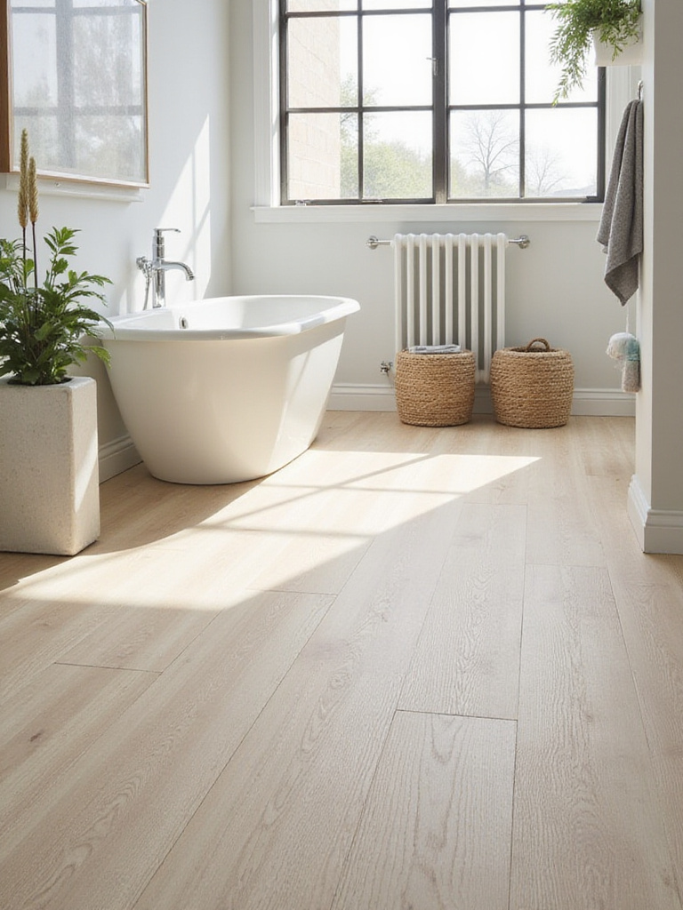 A bright and modern bathroom featuring various DIY-friendly flooring materials.