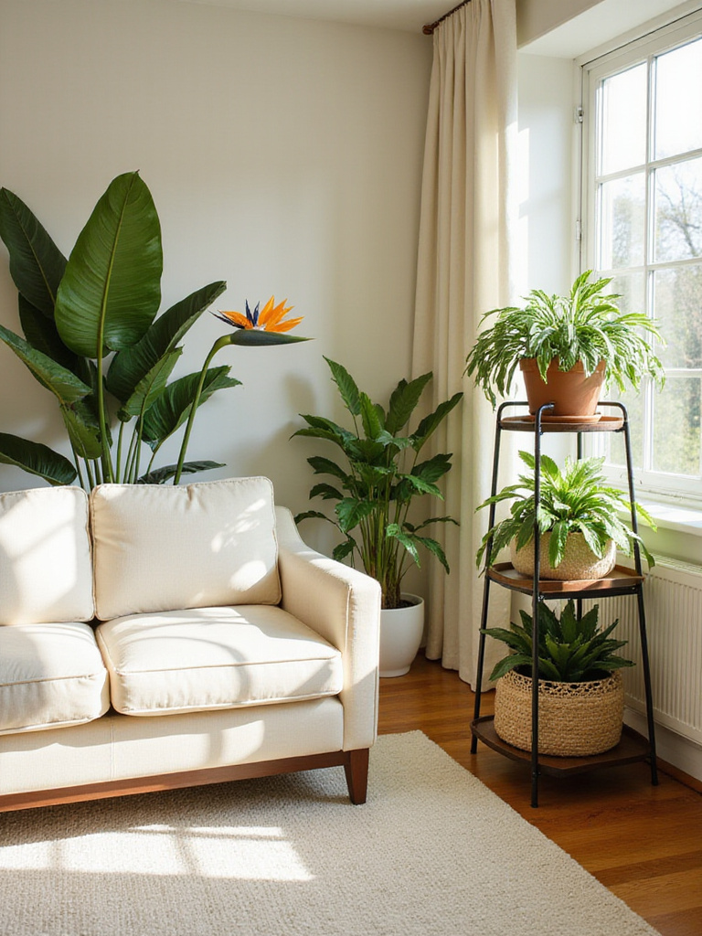 Cream living room featuring indoor plants including a Bird of Paradise and various smaller plants on a plant stand.