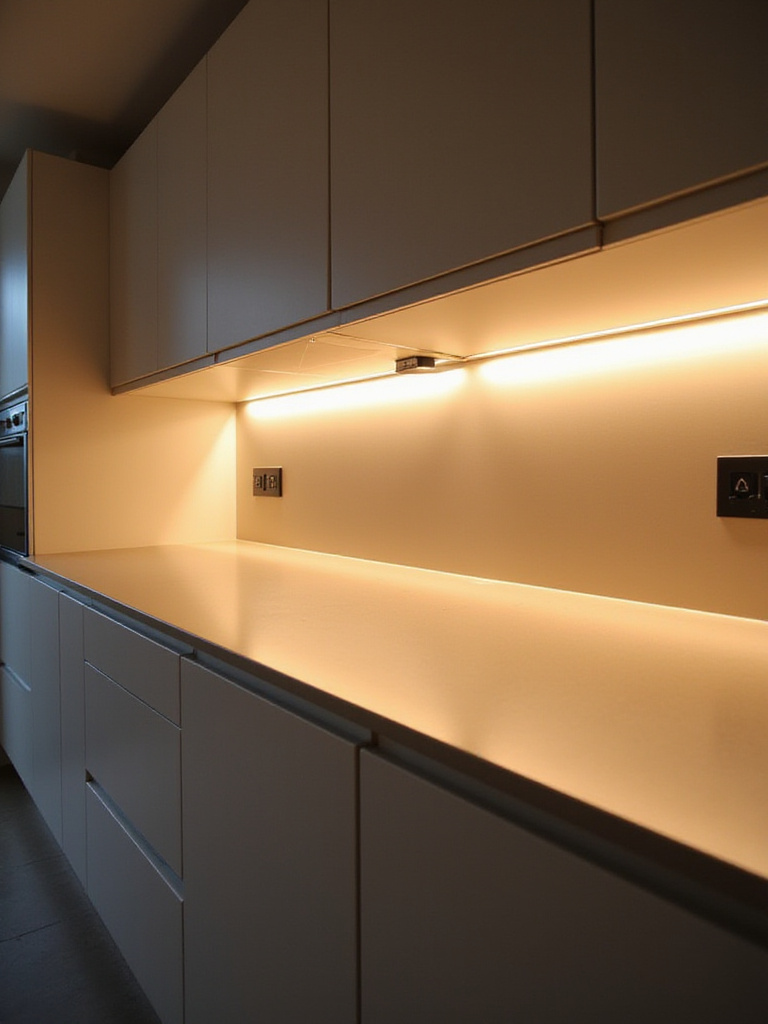 Contemporary kitchen with under-cabinet lighting illuminating the countertop.