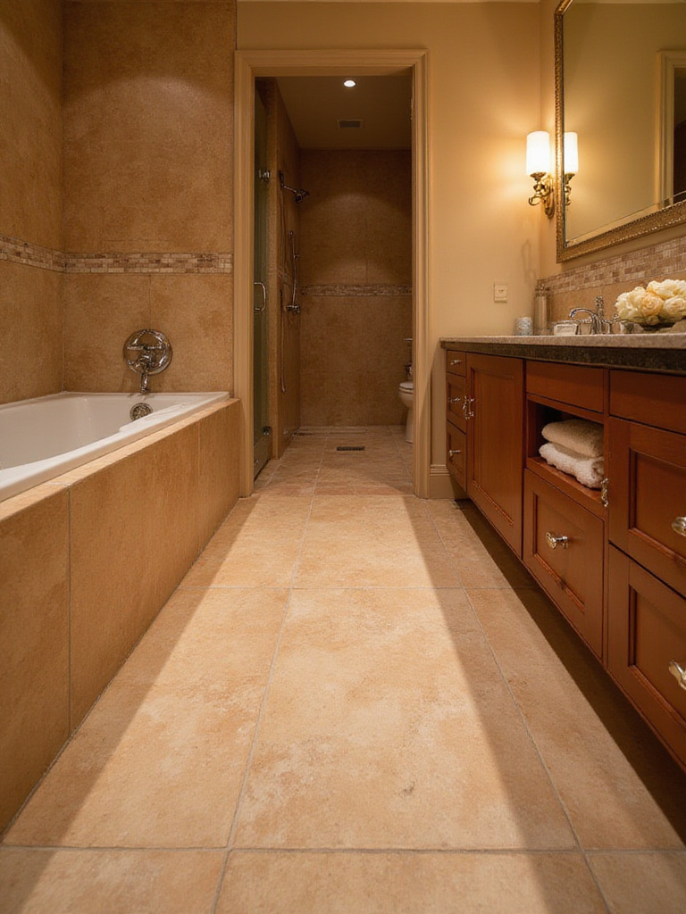 Luxurious bathroom with underfloor heating and beautifully tiled floor.