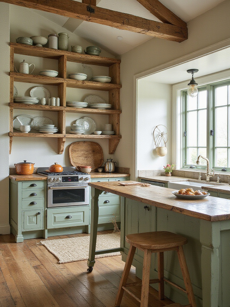 Cottage kitchen with reclaimed wood island cladding and open shelves, adding character and warmth.