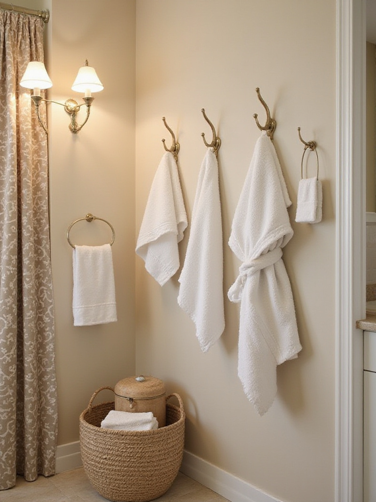 Stylish guest bathroom with multiple hooks for towels and robes