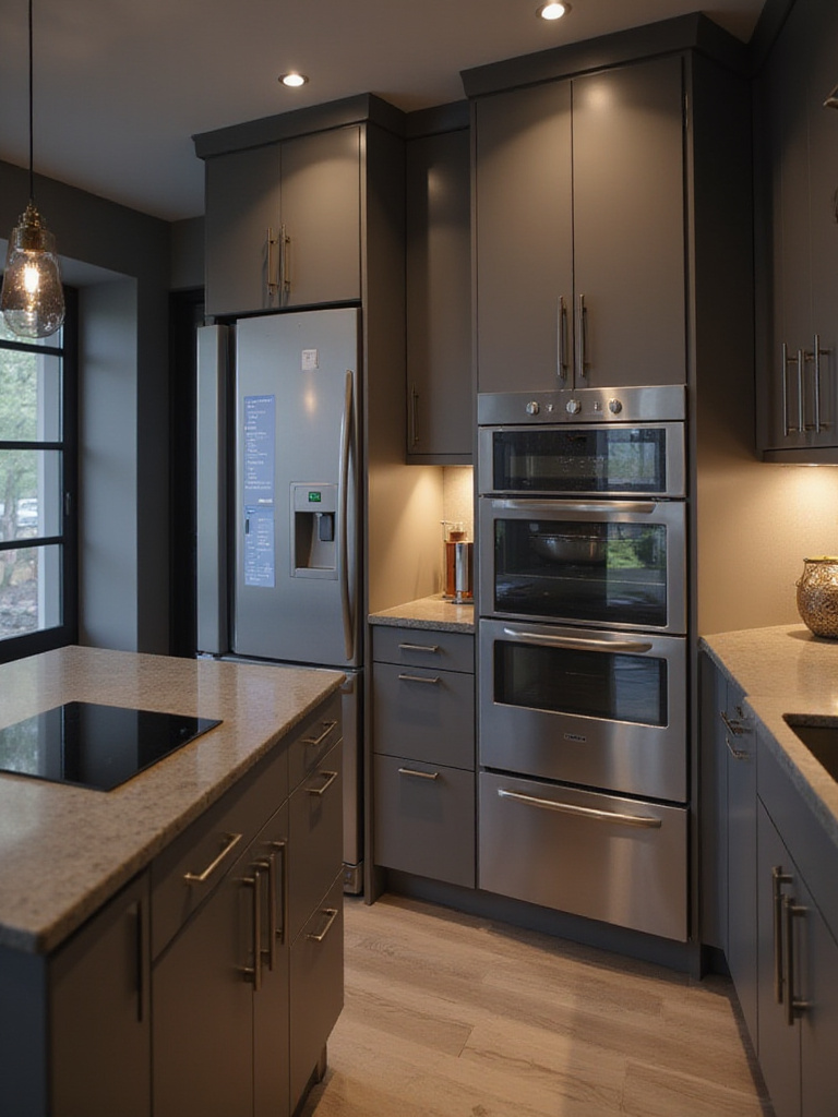 Chic contemporary kitchen with integrated smart technology and ambient lighting.