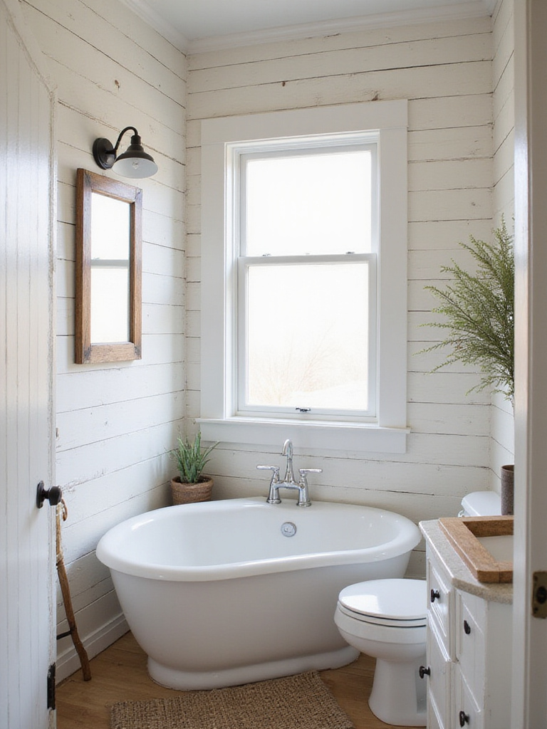 Farmhouse bathroom with classic shiplap walls, showcasing rustic charm and warmth.