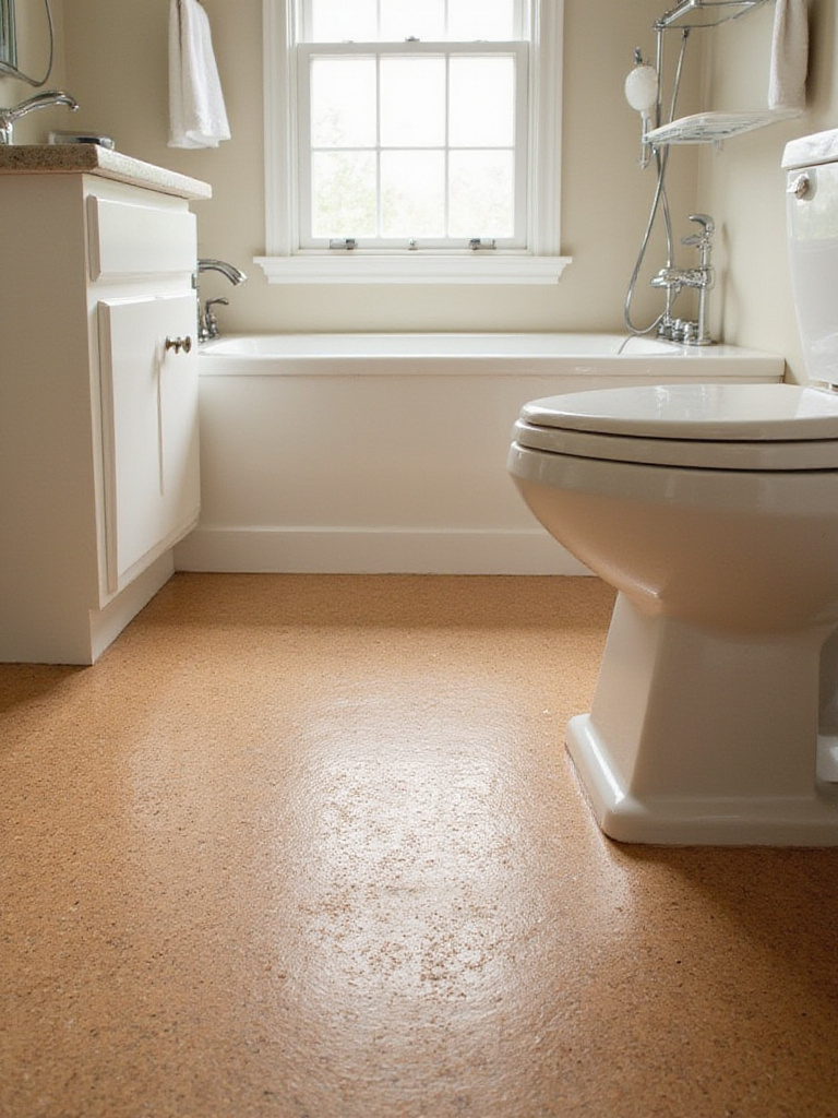 Beautifully installed cork flooring in a serene bathroom setting, showcasing warmth and softness.