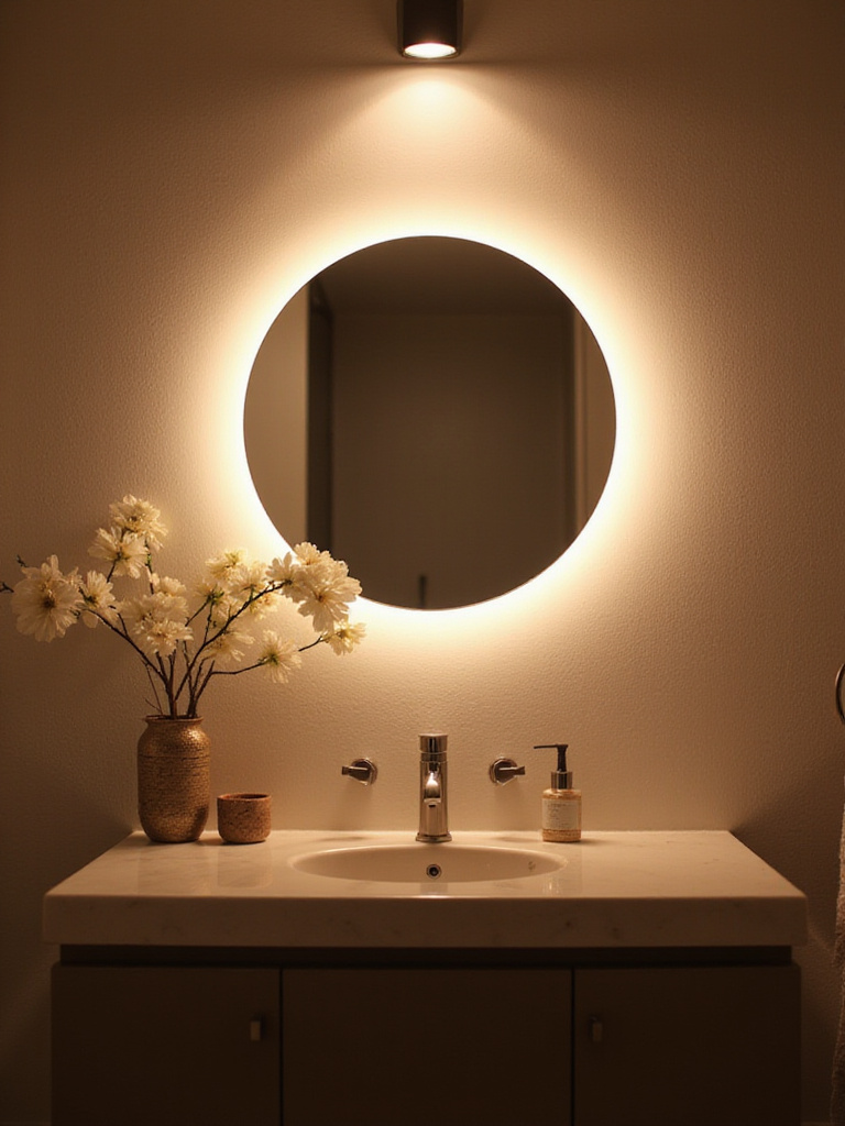A modern bathroom vanity with energy-saving LED lighting above the mirror, showcasing a bright and inviting atmosphere.