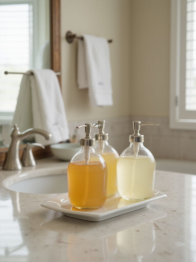 Luxurious hand soap and lotion dispensers on a guest bathroom sink