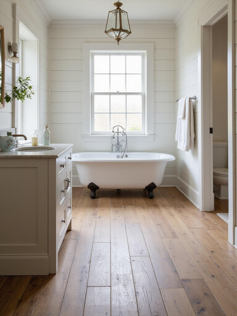 Cozy farmhouse bathroom with wood-look porcelain tile flooring