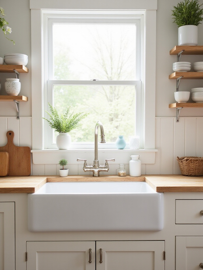 Classic white fireclay farmhouse sink in a bright cottage kitchen with butcher block counters.