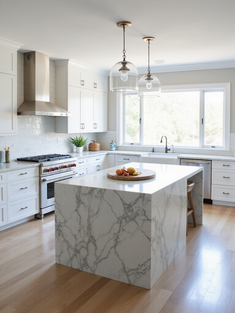 Contemporary kitchen with bold marble kitchen island as focal point