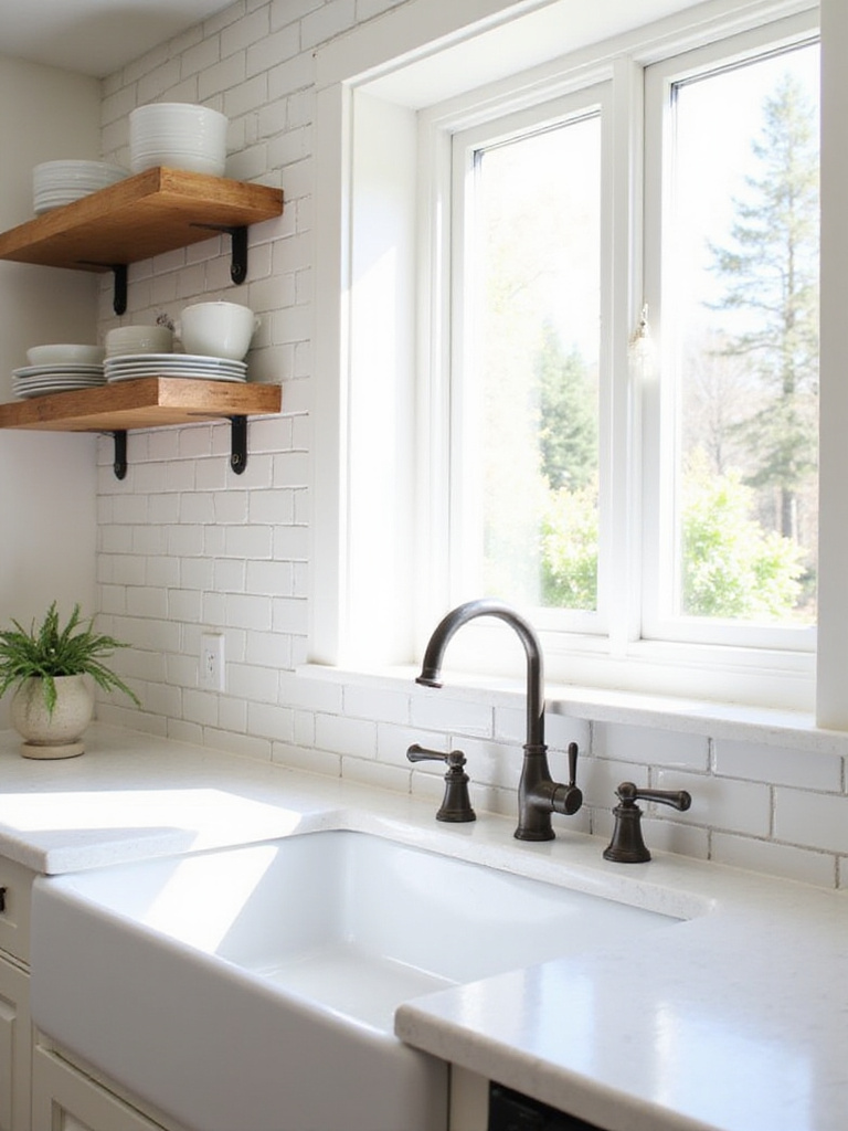 White subway tile backsplash in a cozy cottage kitchen with farmhouse sink and natural light. Clean design.