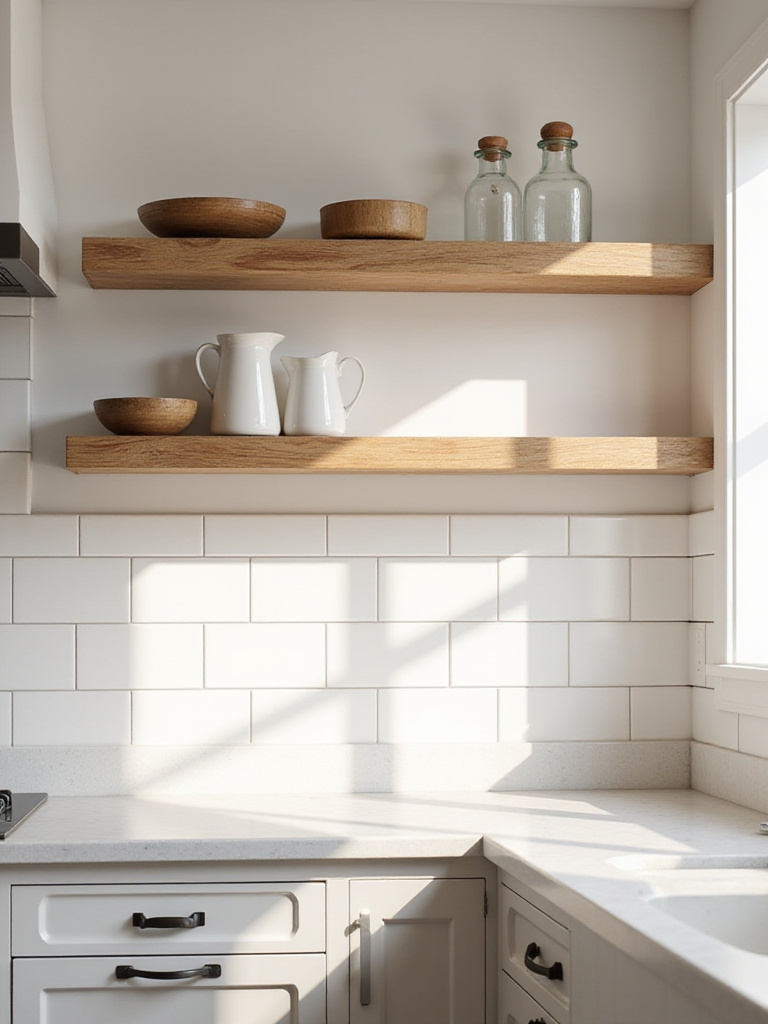 Farmhouse kitchen with white subway tile backsplash extending to ceiling behind open wood shelves displaying decor.