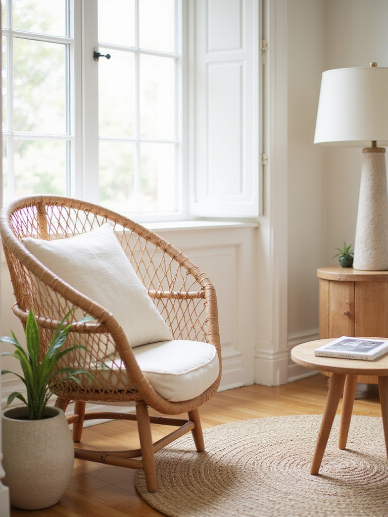 A cozy cream living room featuring a rattan chair, jute rug, and stone lamp, showcasing natural elements.