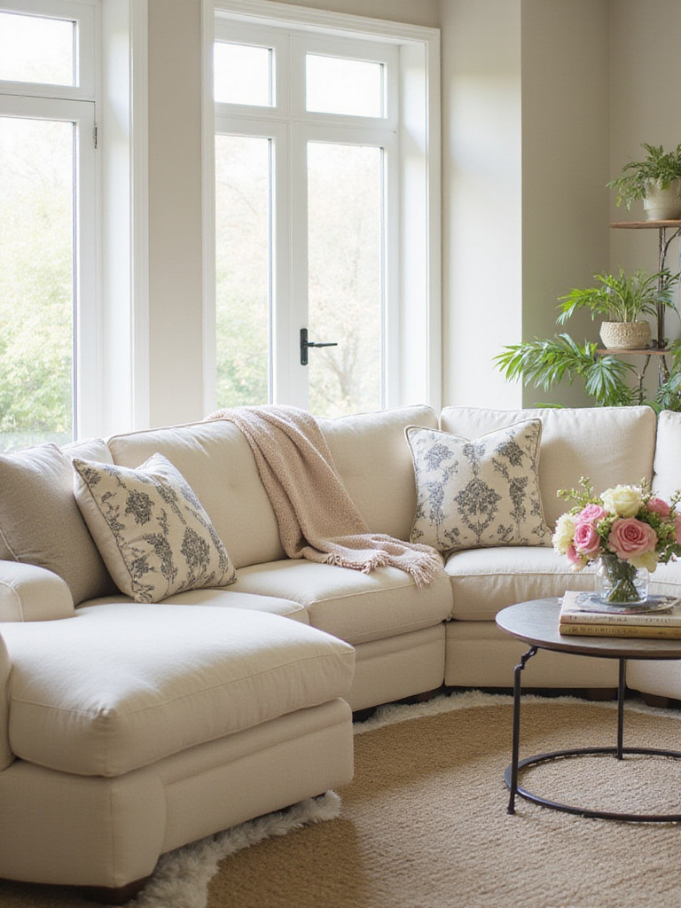 A cozy cream living room featuring a stain-resistant fabric sofa and elegant decor.