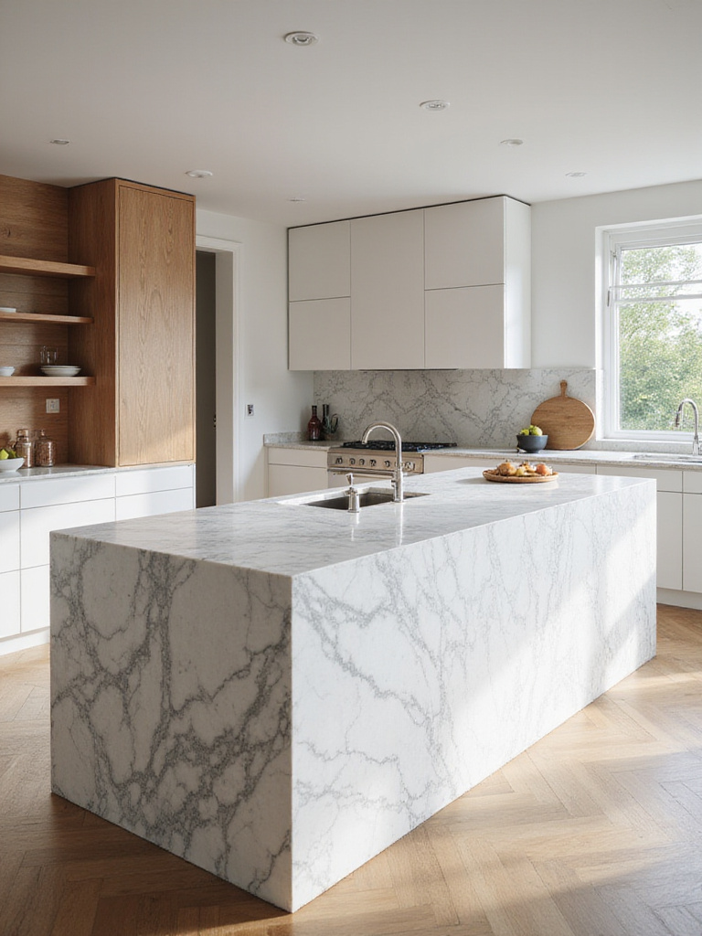 Contemporary kitchen featuring a marble island and natural wood accents for warmth.