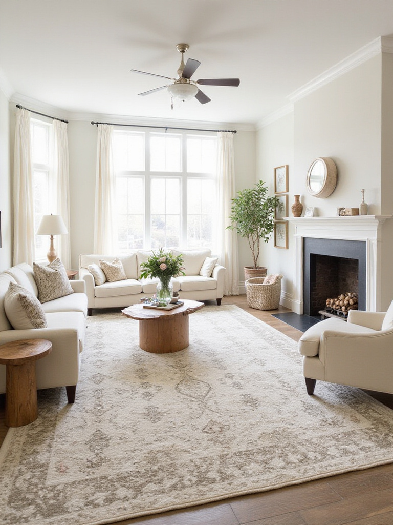 A cream living room showcasing a stylish area rug that defines the seating space.