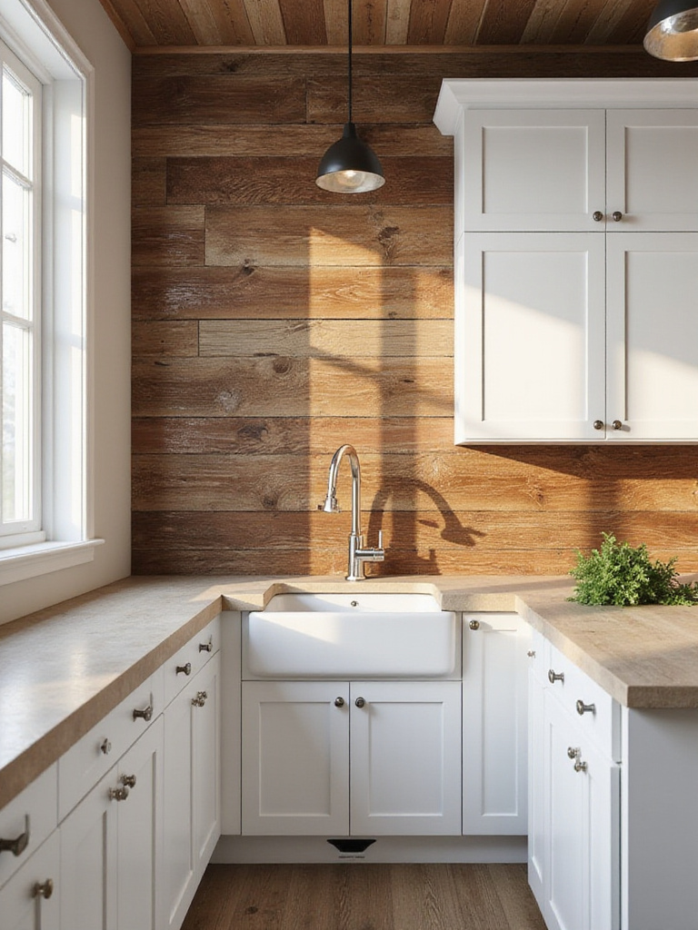 Farmhouse kitchen backsplash featuring richly textured reclaimed wood behind a sink.