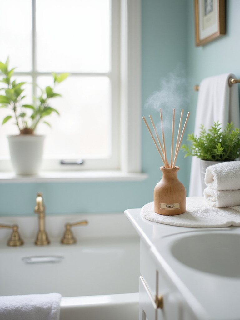 A serene guest bathroom with a reed diffuser and soft lighting, creating a pleasant atmosphere.