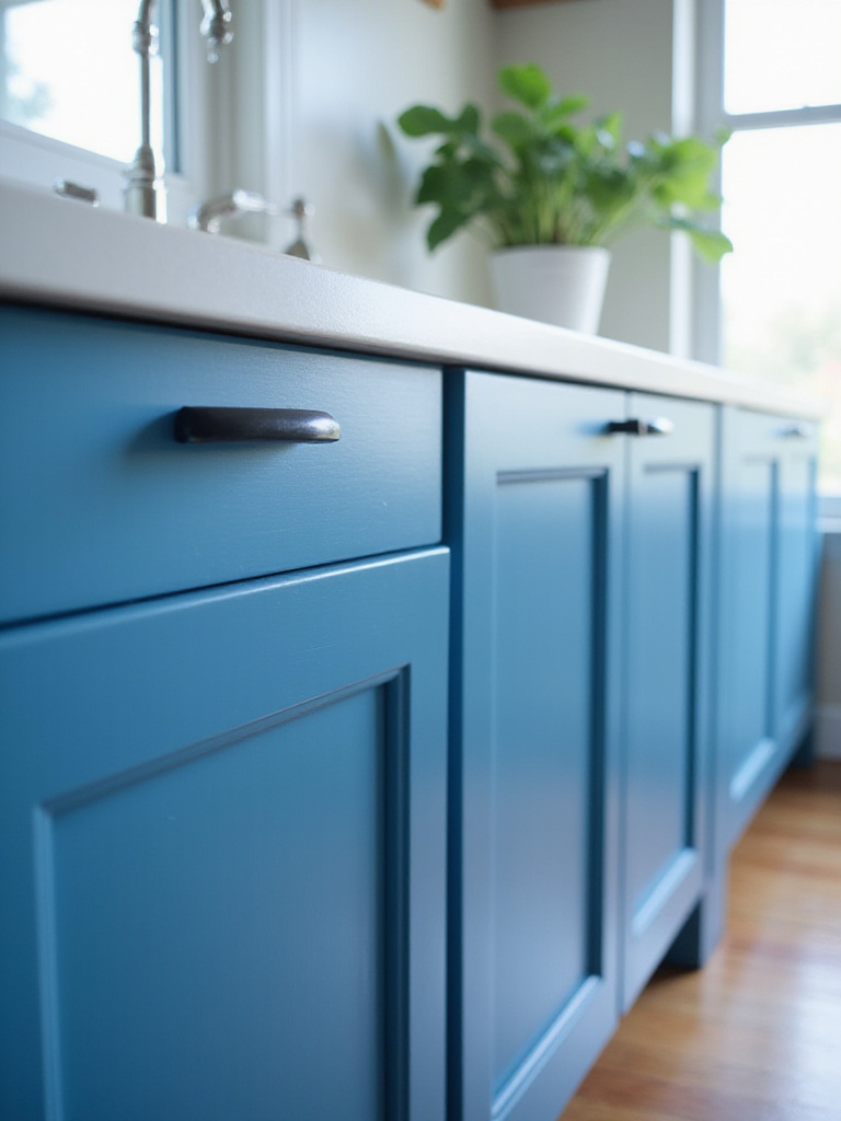 Close view of clean, well-maintained blue kitchen cabinets showing smooth, vibrant finish and no grime.