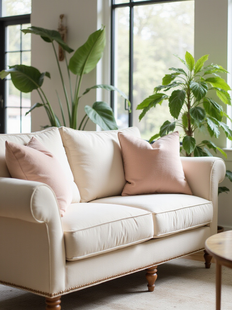 Professional photo of a cream sofa in a beautifully styled living room showcasing performance velvet fabric.