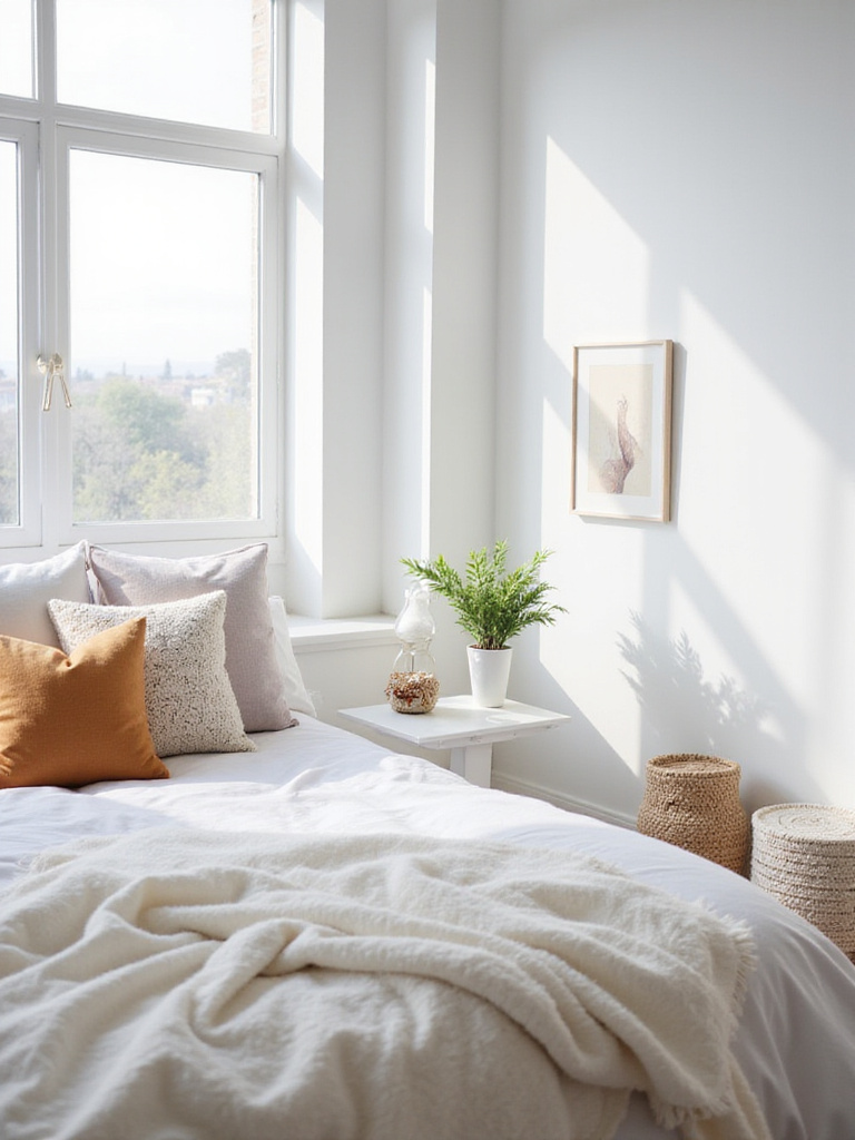 A bright and airy white bedroom showcasing a well-made bed and stylish decor elements.