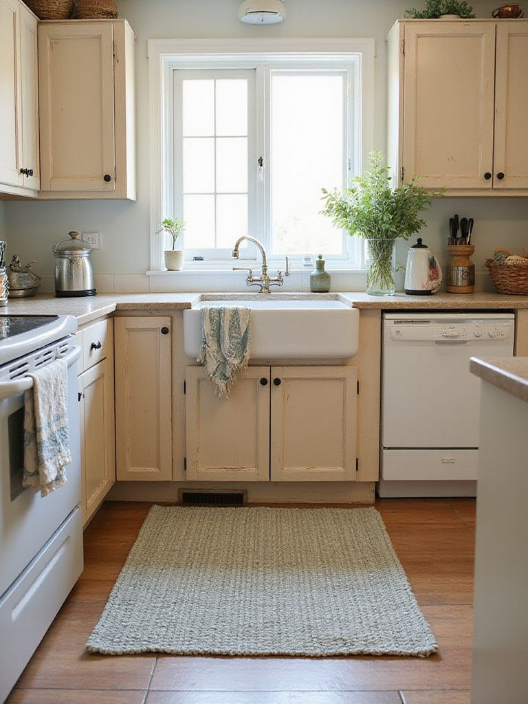 Cozy cottage kitchen with a textured area rug in front of the sink, adding warmth and comfort.