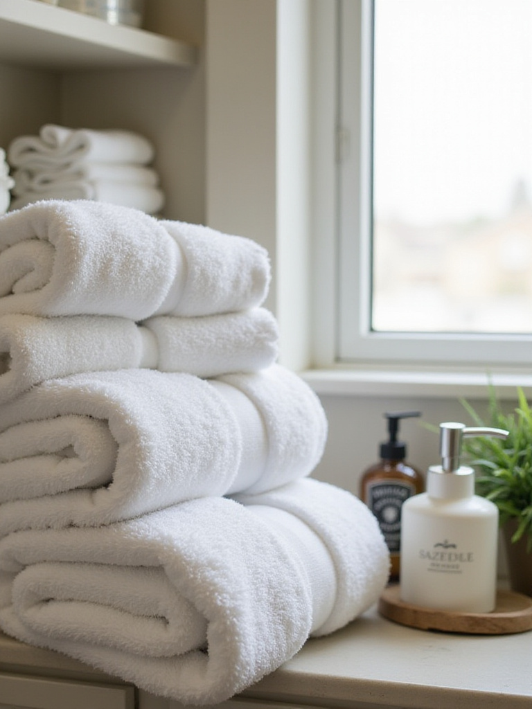 Neatly arranged plush white towels in a guest bathroom with natural light.