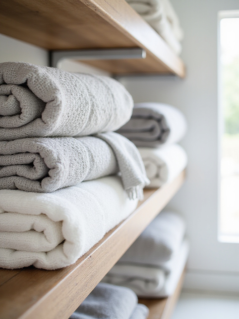 A collection of waffle weave and linen towels in a farmhouse bathroom setting
