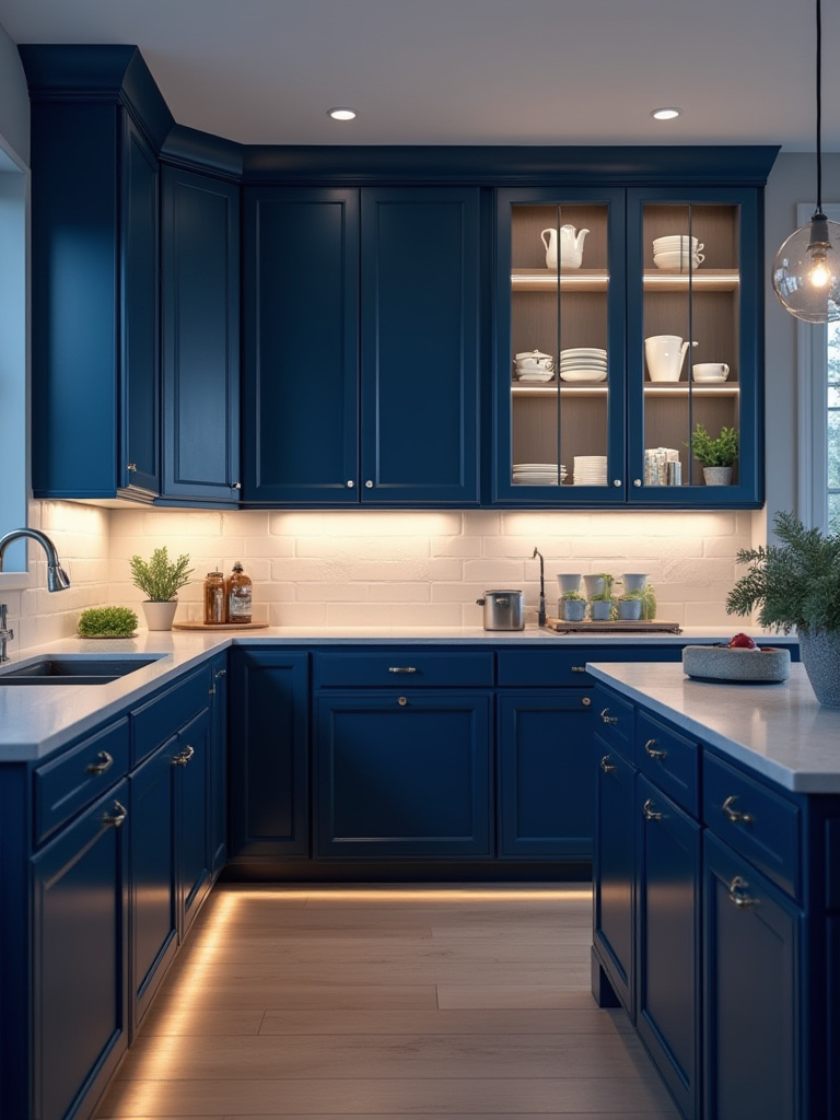 Modern kitchen featuring deep navy and light blue cabinets with layered lighting: under-cabinet, in-cabinet, and toe-kick.