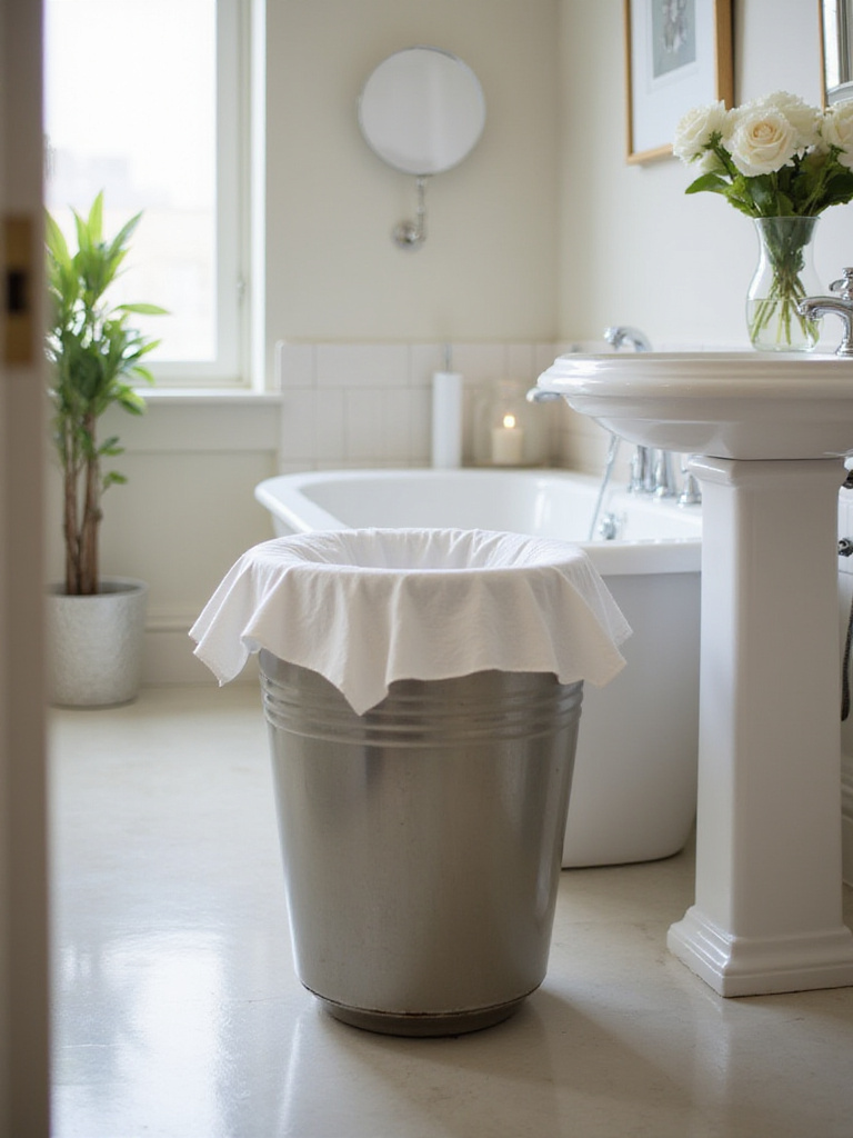 A neatly lined trash can in a stylish guest bathroom, showcasing cleanliness and comfort.