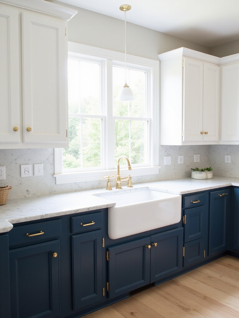 Classic kitchen featuring timeless navy blue lower cabinets, white upper cabinets, marble countertops, and brass hardware.