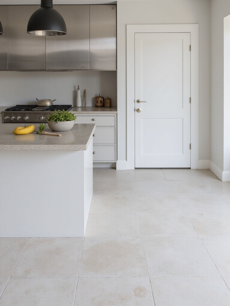 A contemporary kitchen featuring durable materials like quartz countertops and porcelain flooring, designed for easy maintenance.