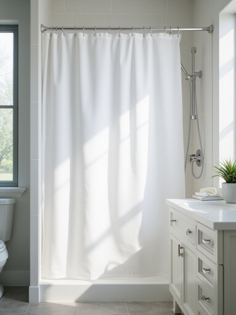 Clean shower liner in a bright guest bathroom