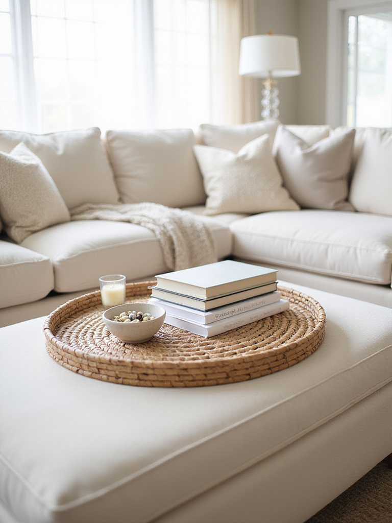 Styled coffee table in a cream living room with decorative items and natural light