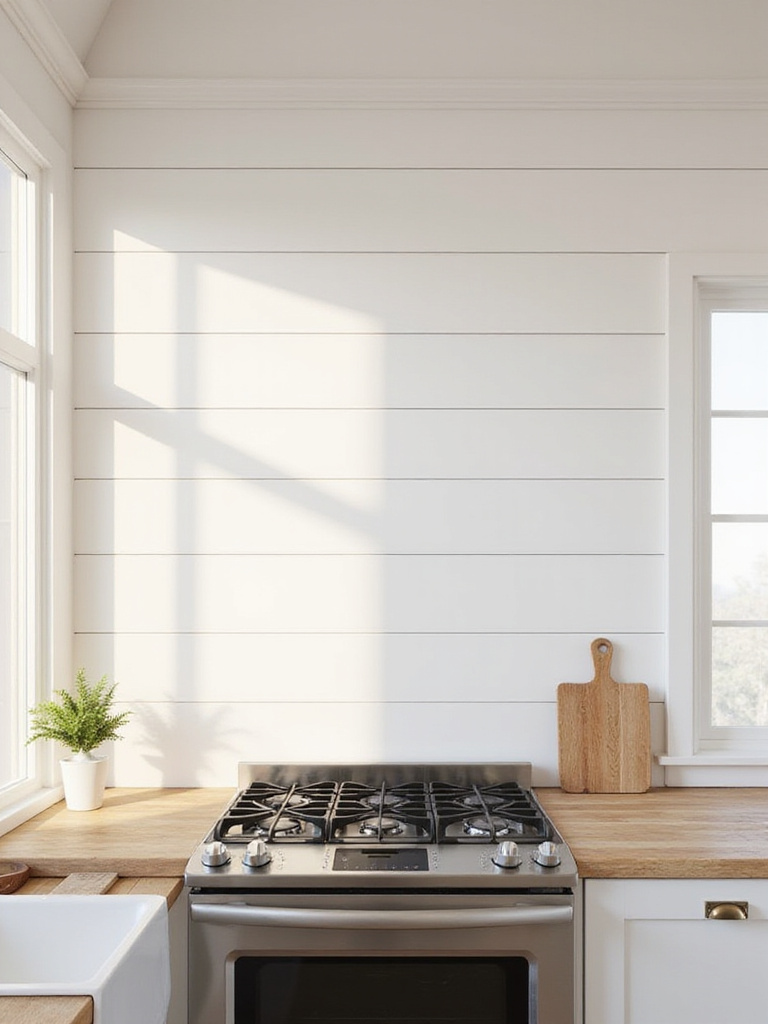 White horizontal shiplap backsplash in a bright farmhouse kitchen with a stainless steel range.