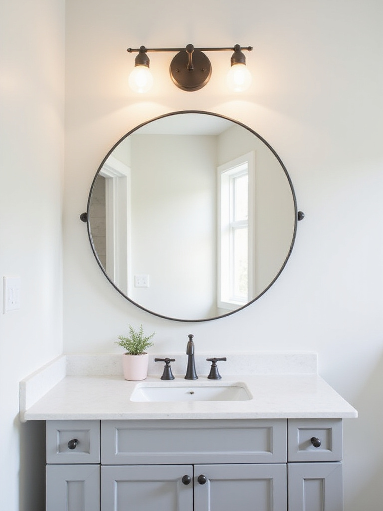 Bathroom vanity with well-sized light fixture above mirror, properly proportioned for balanced illumination.