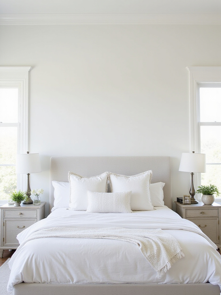 White bedroom walls showcasing different paint finishes in a beautifully decorated room.