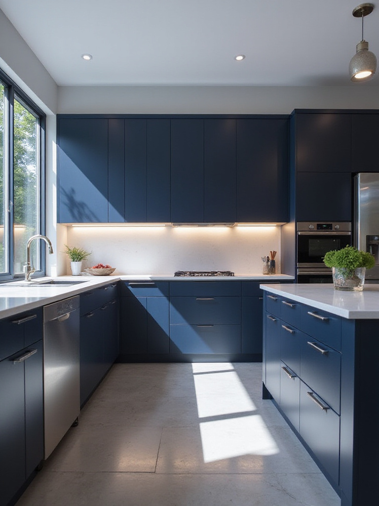 Sleek modern kitchen with deep navy blue slab cabinets, white quartz countertops, and minimalist design.