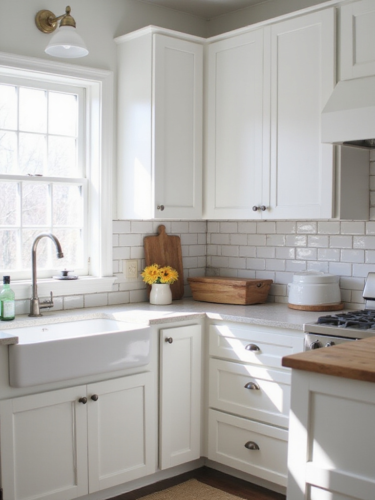 Farmhouse kitchen backsplash mistake: uneven subway tile installation with messy grout lines, detracting from the room’s aesthetic.