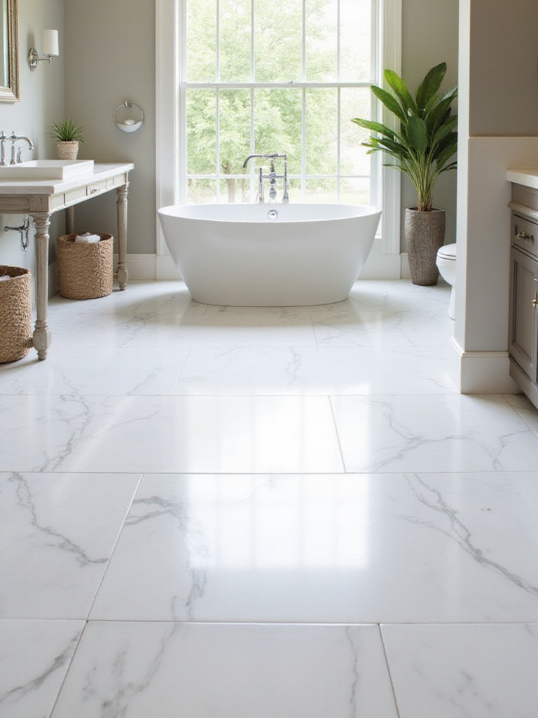 Luxurious bathroom floor featuring honed Carrara marble tiles with unique veining