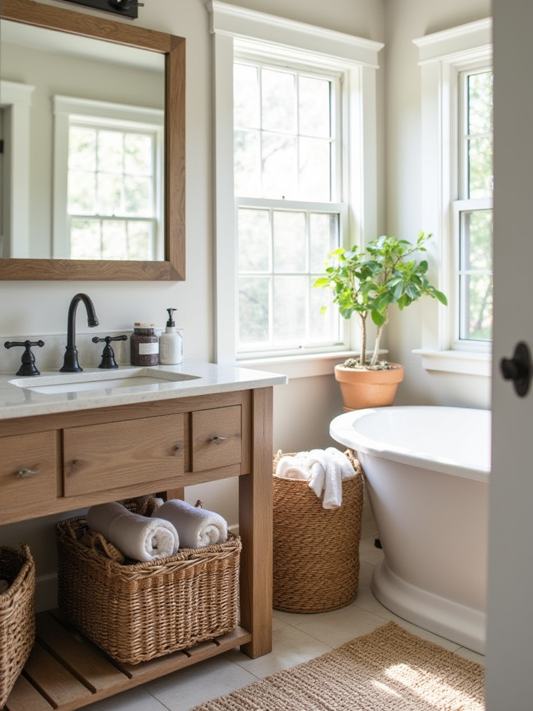 Woven baskets and wire bins in a farmhouse bathroom for stylish storage.