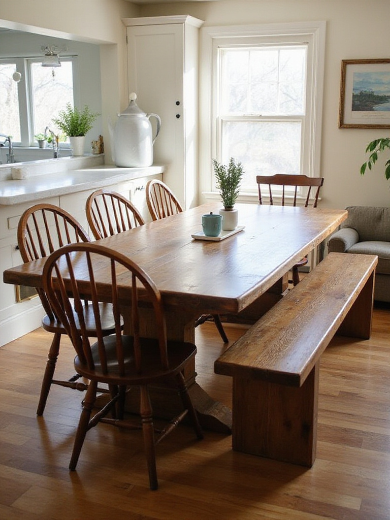 Farmhouse kitchen table with mixed seating, featuring a wooden bench and various chair styles under natural light.