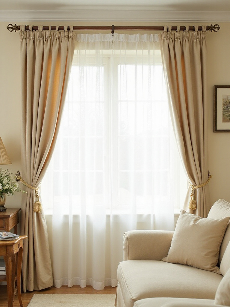 Elegant cream living room with sheer curtains and heavy drapes for light and privacy control